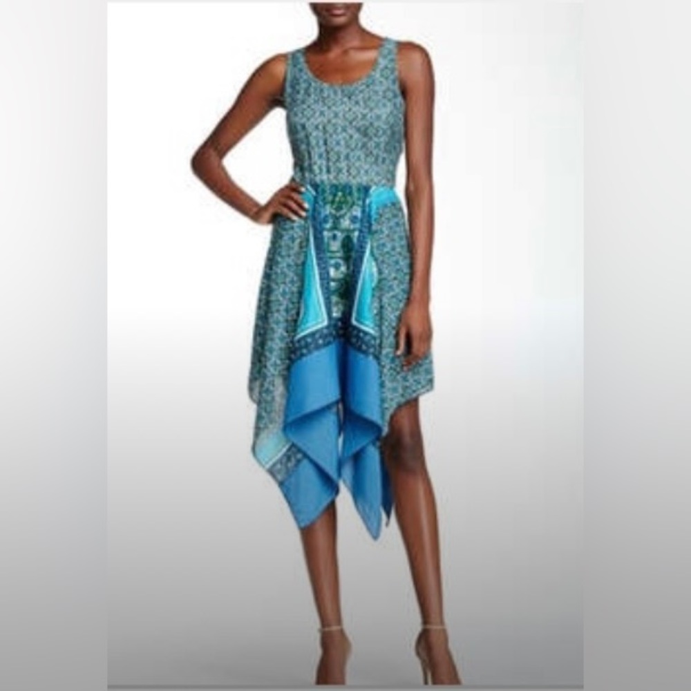 Nordstrom A-List Teal Green Blue Paisley Handkerchief Sleeveless Scoopneck Dress